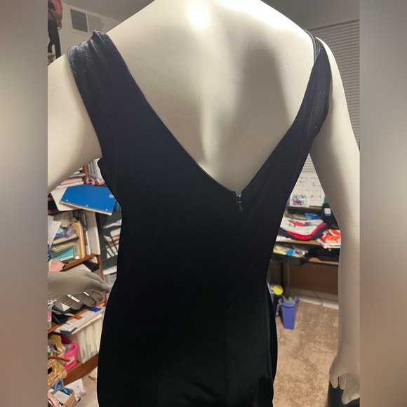 velvet strapless Elegant Black Midi Dress designer with Beaded Hem EUC - Picture 6 of 12